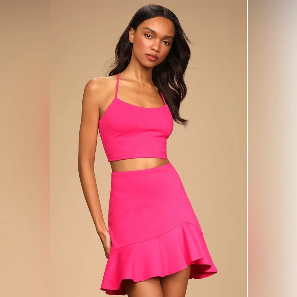 Lulu’s Catch My Eye Hot Pink Two-Piece Lace-Up Mini Dress, Size M - Picture 1 of 12
